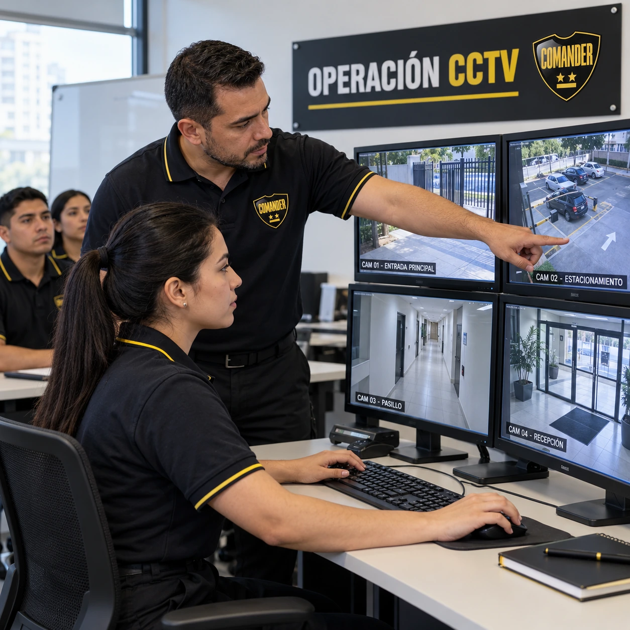 Imagen ilustrativa generada: instructor y alumna operando monitores CCTV