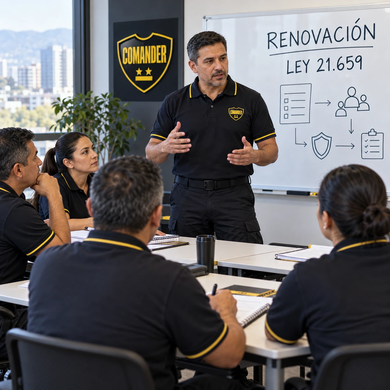 Imagen ilustrativa generada: instructor y alumnos en actualización sobre renovación y Ley 21.659