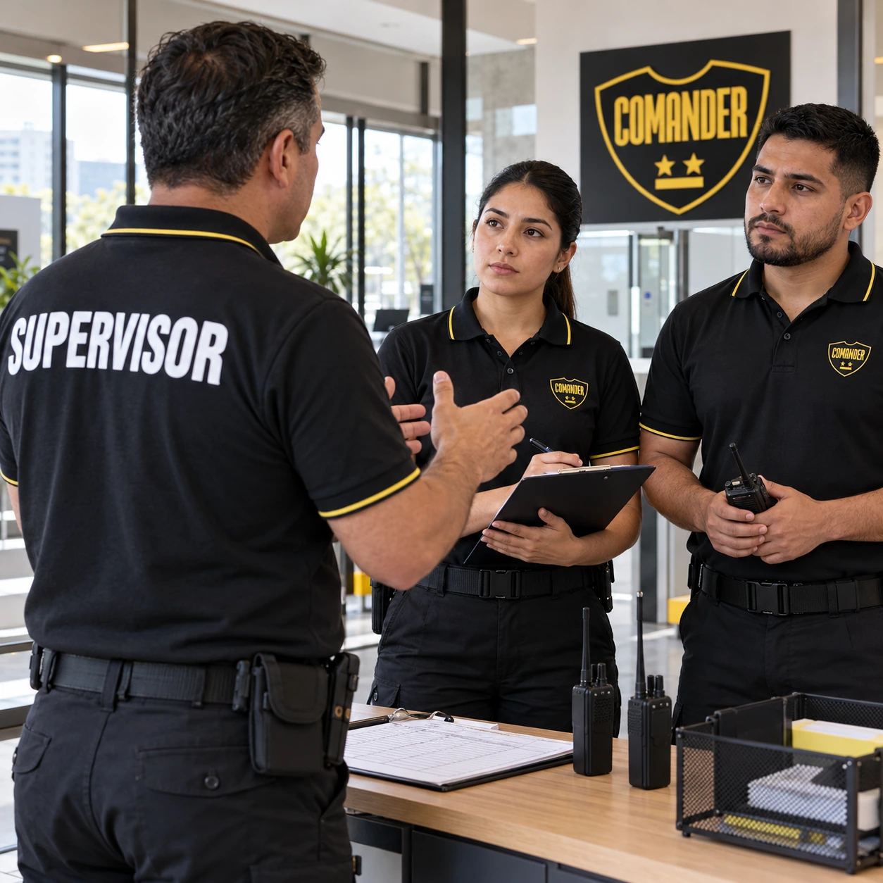 Imagen ilustrativa generada: supervisor dando instrucciones a dos guardias